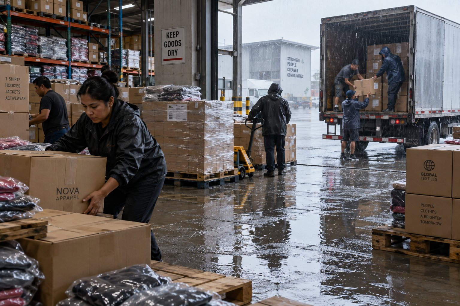 Almacén textil con cajas sobre parihuelas y trabajadores protegiendo el stock de la lluvia