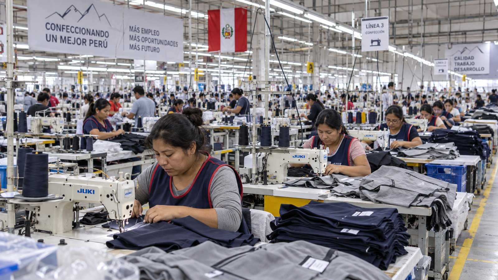 Planta de confección con muchas trabajadoras en máquinas de coser