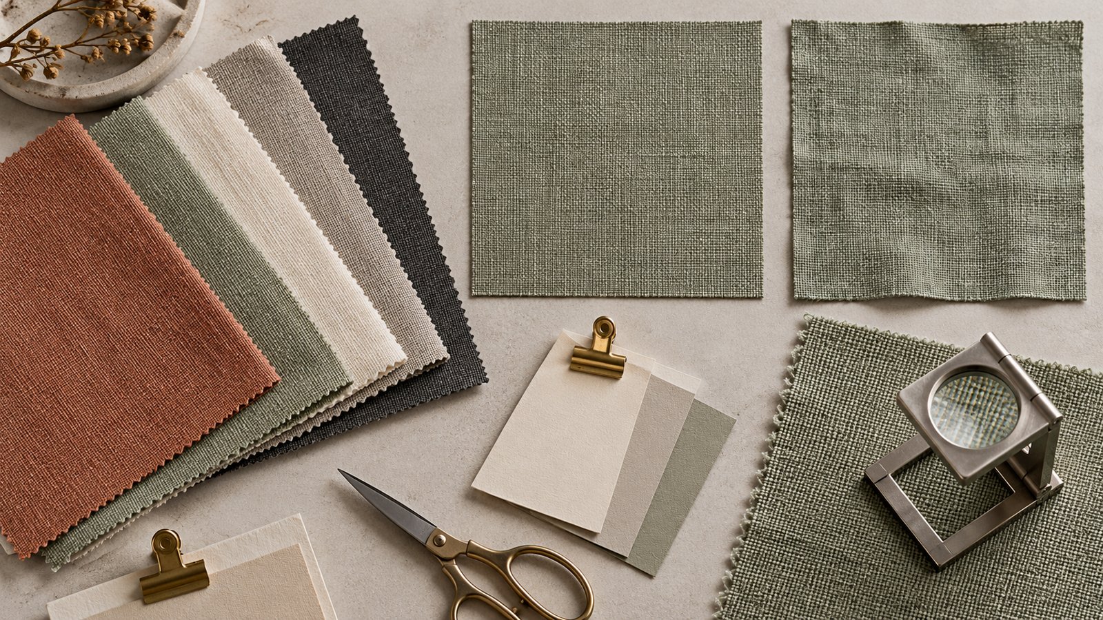 Vista cenital de muestras de tejido identificadas por colores, una lupa textil y herramientas de revisión sobre una mesa.