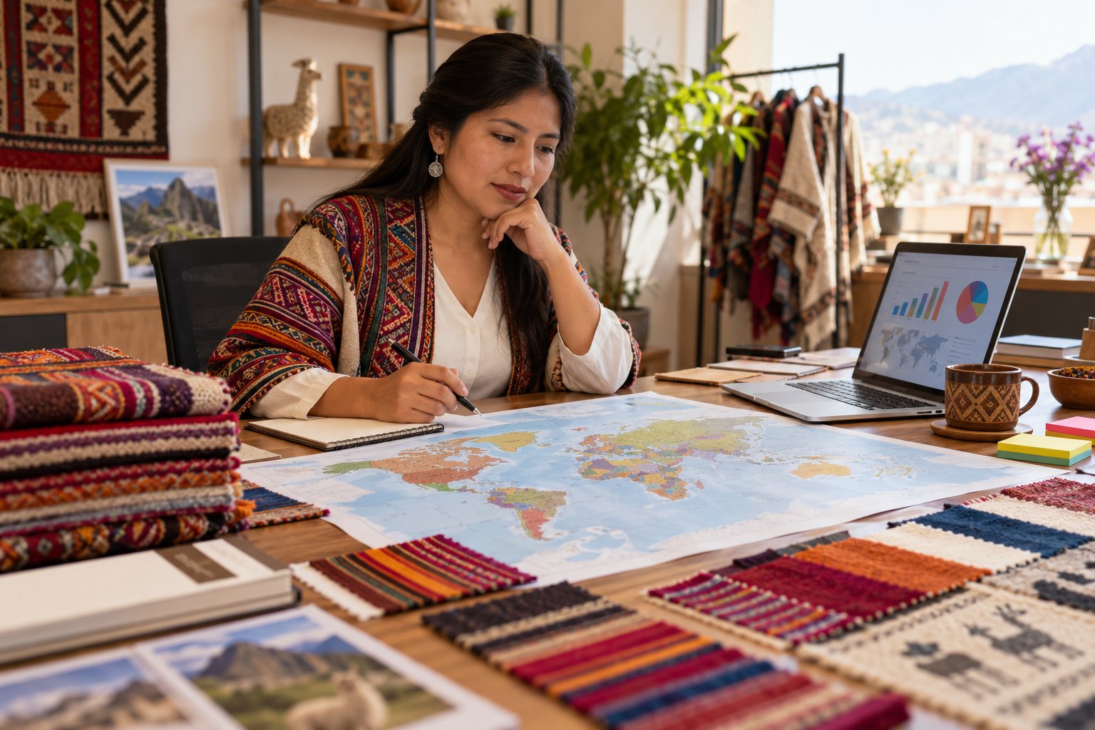 Empresaria textil planifica nuevos mercados de exportación con un mapa del mundo y muestras de tela