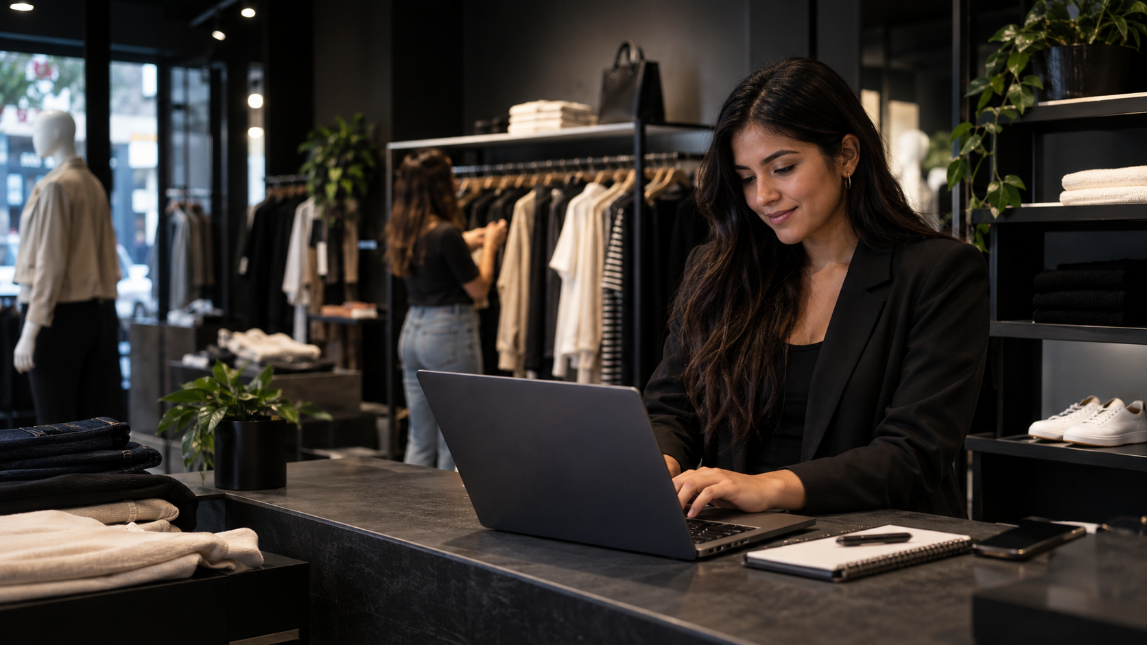 Escena de tienda de moda con operación digital y atención física integradas.