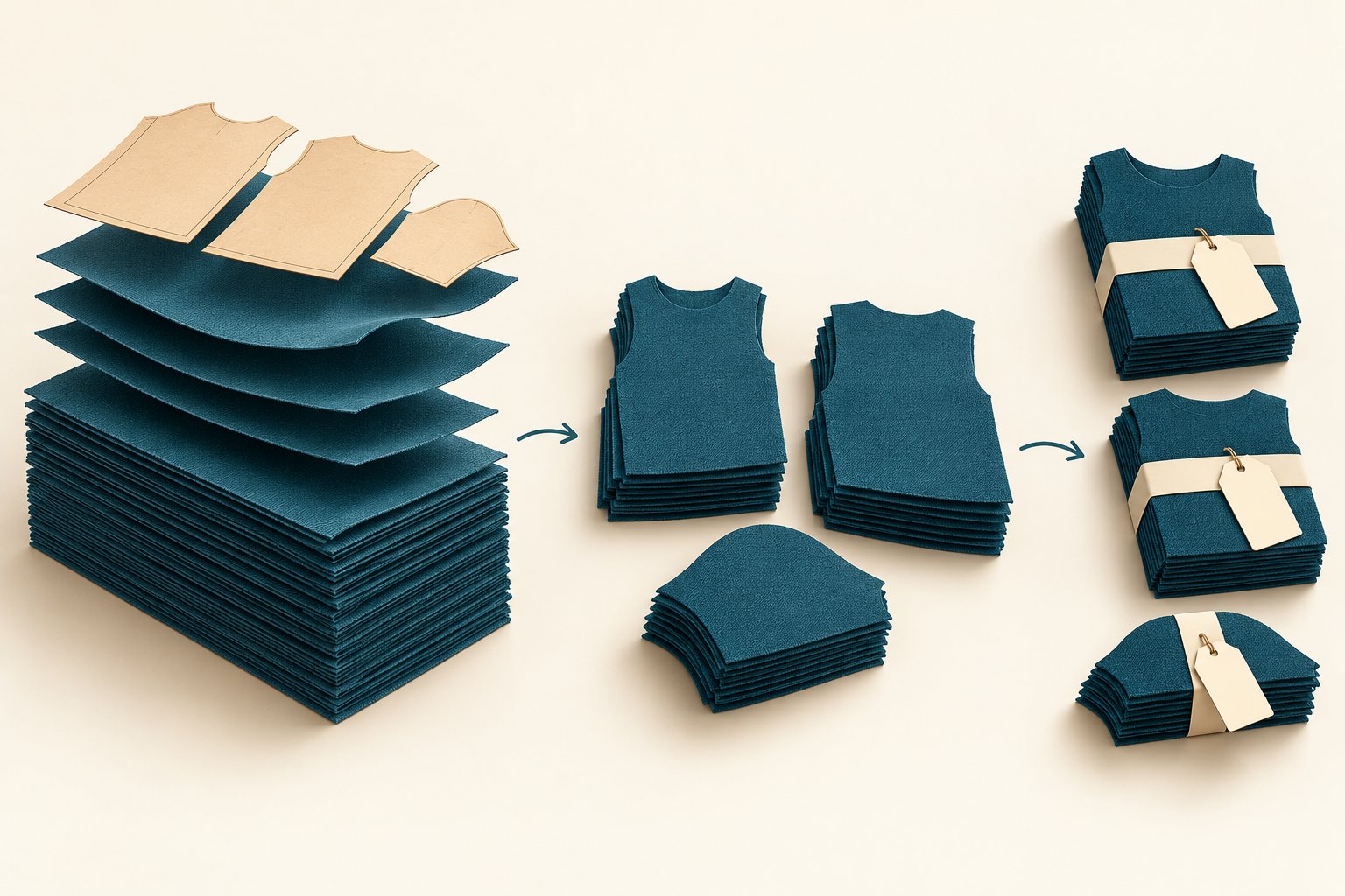 Ilustración conceptual de capas de tela que se transforman en componentes cortados y paquetes identificados.
