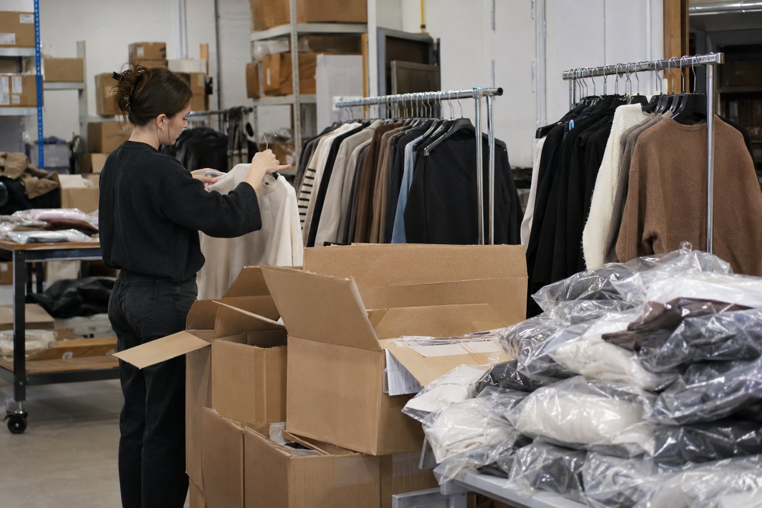 Trabajador desempaca cajas de ropa importada y cuelga prendas en el almacén de una tienda