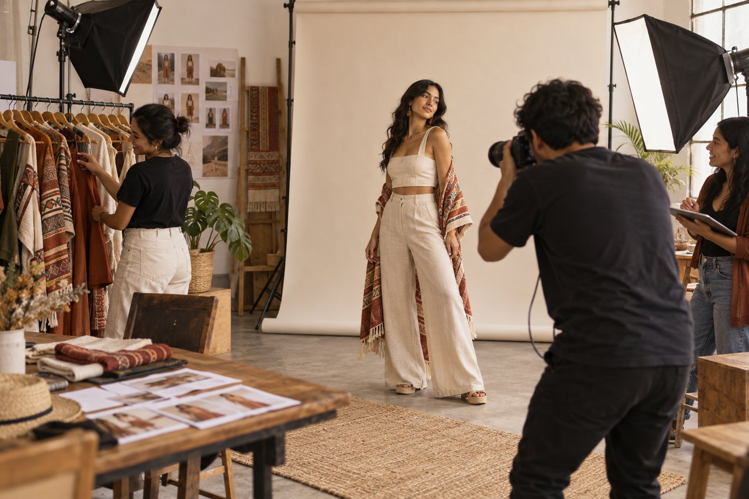 Equipo de una marca de moda peruana fotografía su nueva colección para su tienda online