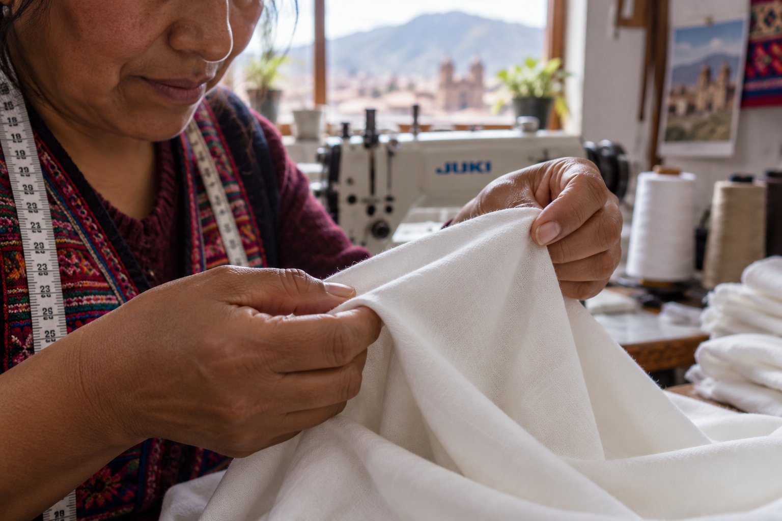 Costurera peruana revisa de cerca la calidad de una tela de algodón pima en su taller